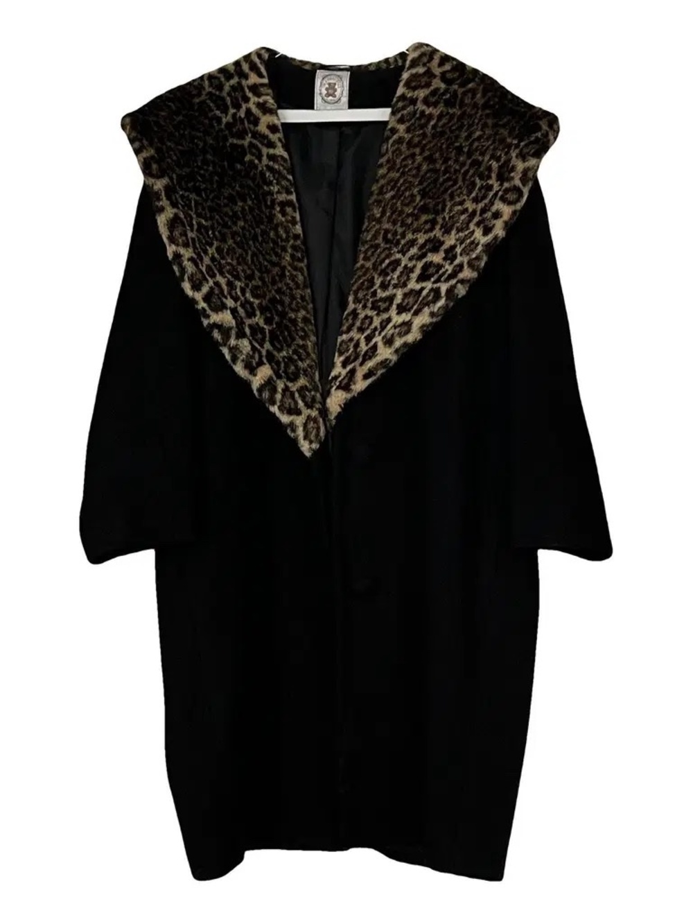 Long Coat, Vintage, Faux Fur Collar, Leopard Pattern, Black, Size 14, Made In UK